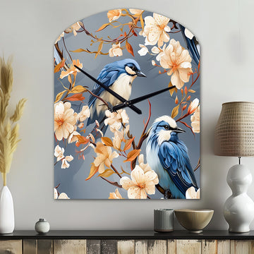 White And Blue Bird Floral Serenade I - Asymmetric Metal Wall Clock